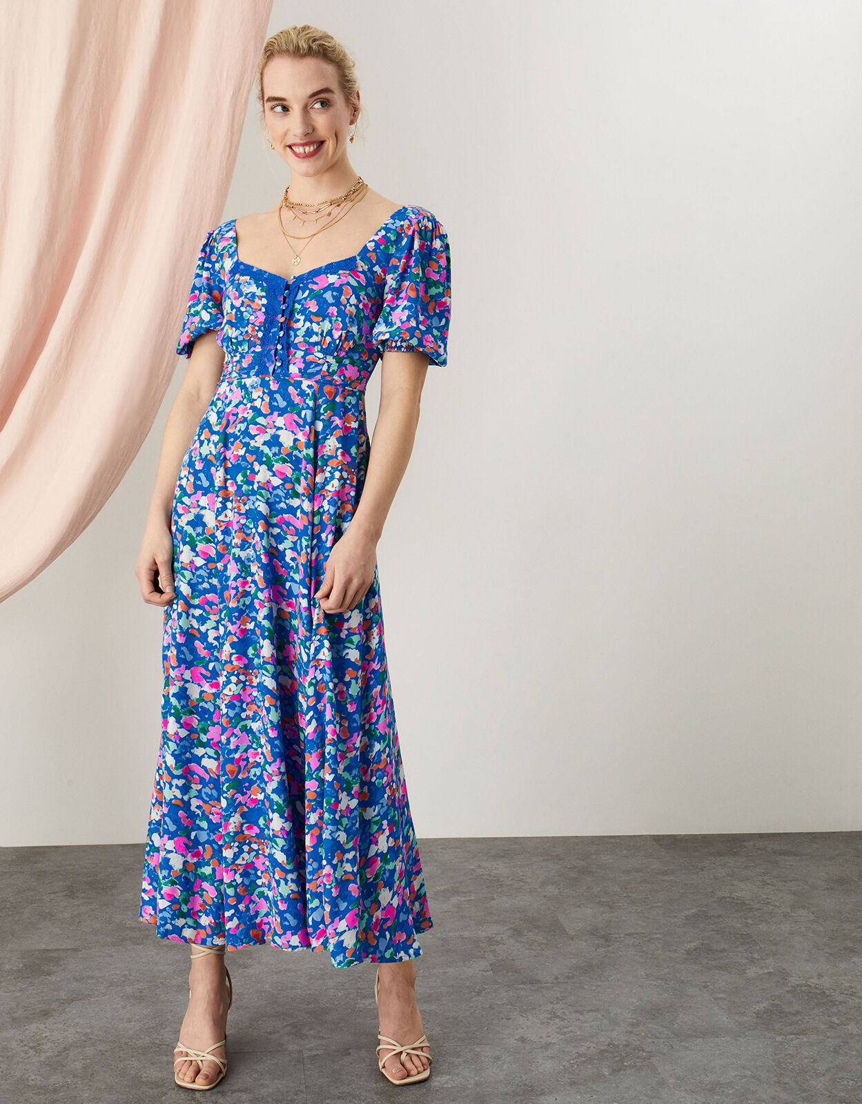 Monsoon Mica Printed Midi Dress in Sustainable Viscose Blue